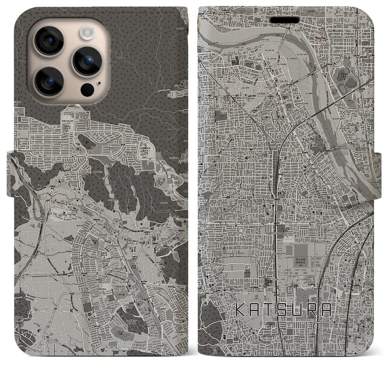 【桂（京都府）】地図柄iPhoneケース（手帳タイプ）モノトーン・iPhone 16 Plus 用