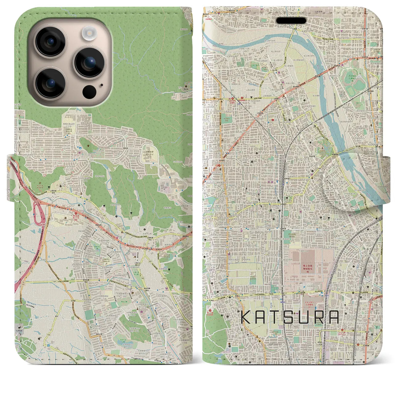 【桂（京都府）】地図柄iPhoneケース（手帳タイプ）ナチュラル・iPhone 16 Plus 用