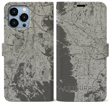 【葛城（奈良県）】地図柄iPhoneケース（手帳タイプ）モノトーン・iPhone 13 Pro Max 用