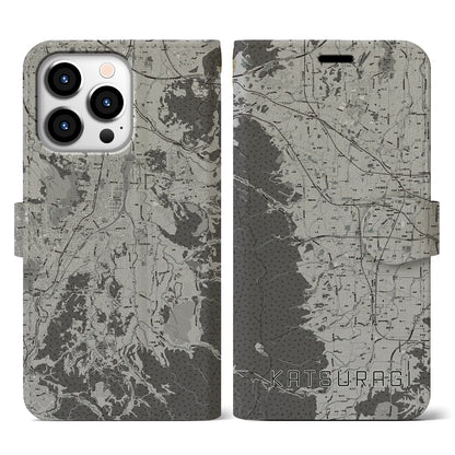 【葛城（奈良県）】地図柄iPhoneケース（手帳タイプ）モノトーン・iPhone 13 Pro 用