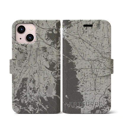 【葛城（奈良県）】地図柄iPhoneケース（手帳タイプ）モノトーン・iPhone 13 mini 用