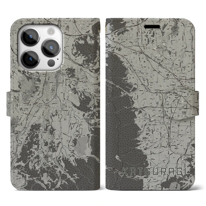 【葛城（奈良県）】地図柄iPhoneケース（手帳タイプ）モノトーン・iPhone 14 Pro 用