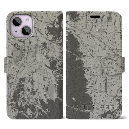 【葛城（奈良県）】地図柄iPhoneケース（手帳タイプ）モノトーン・iPhone 14 用