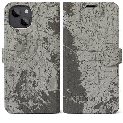 【葛城（奈良県）】地図柄iPhoneケース（手帳タイプ）モノトーン・iPhone 14 Plus 用