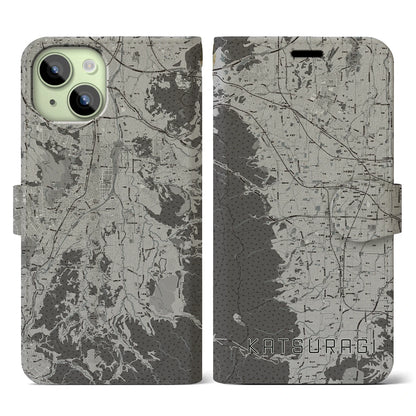 【葛城（奈良県）】地図柄iPhoneケース（手帳タイプ）モノトーン・iPhone 15 用
