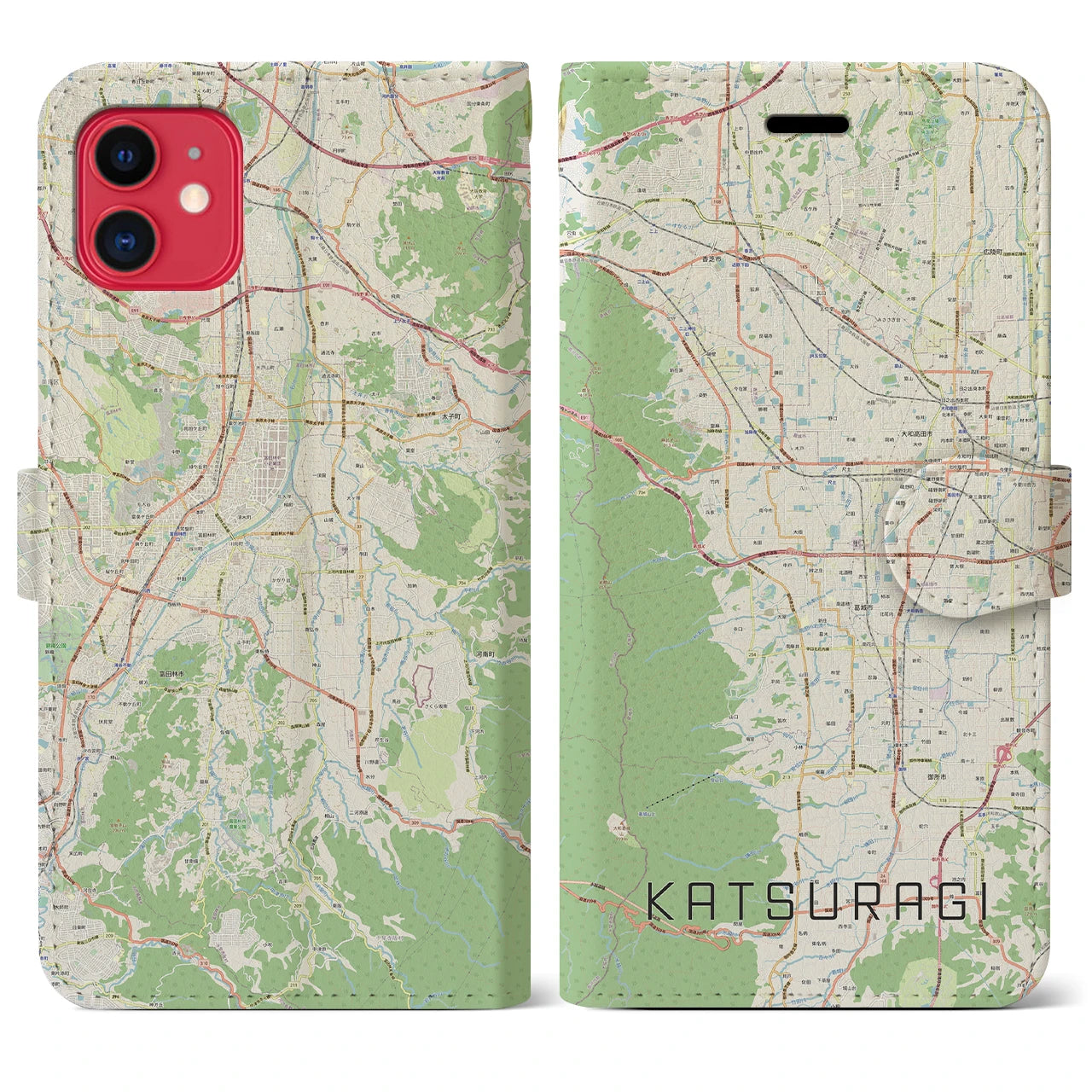 【葛城（奈良県）】地図柄iPhoneケース（手帳タイプ）ナチュラル・iPhone 11 用
