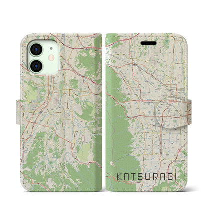 【葛城（奈良県）】地図柄iPhoneケース（手帳タイプ）ナチュラル・iPhone 12 mini 用