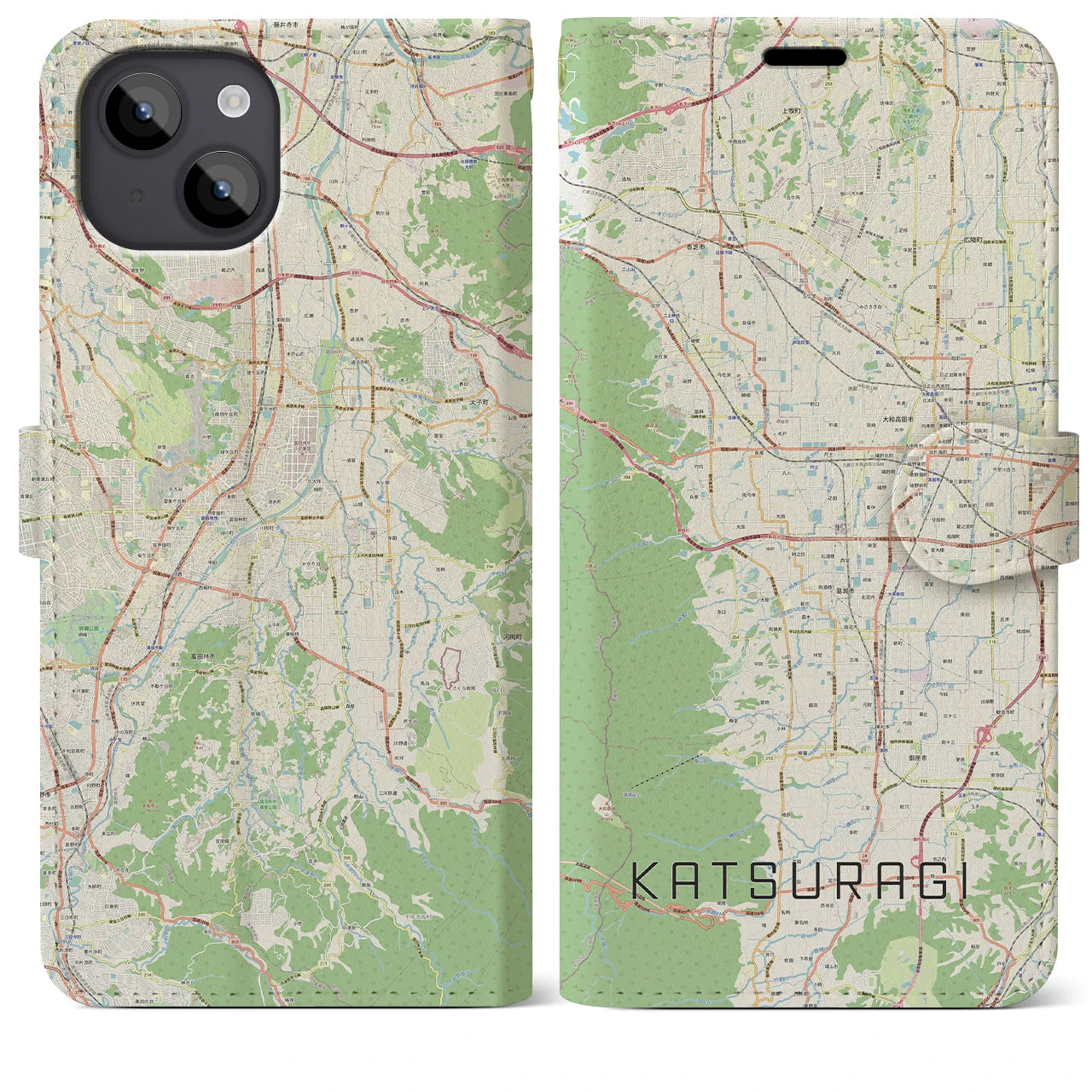 【葛城（奈良県）】地図柄iPhoneケース（手帳タイプ）ナチュラル・iPhone 14 Plus 用