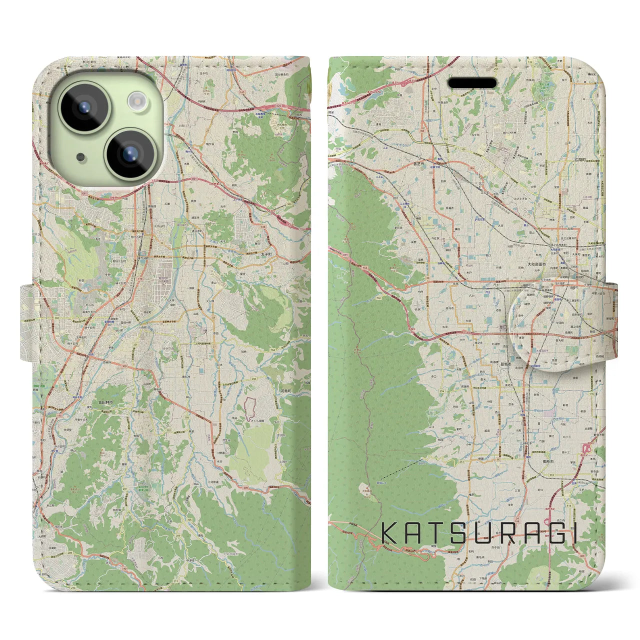 【葛城（奈良県）】地図柄iPhoneケース（手帳タイプ）ナチュラル・iPhone 15 用
