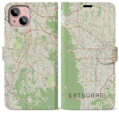 【葛城（奈良県）】地図柄iPhoneケース（手帳タイプ）ナチュラル・iPhone 15 Plus 用