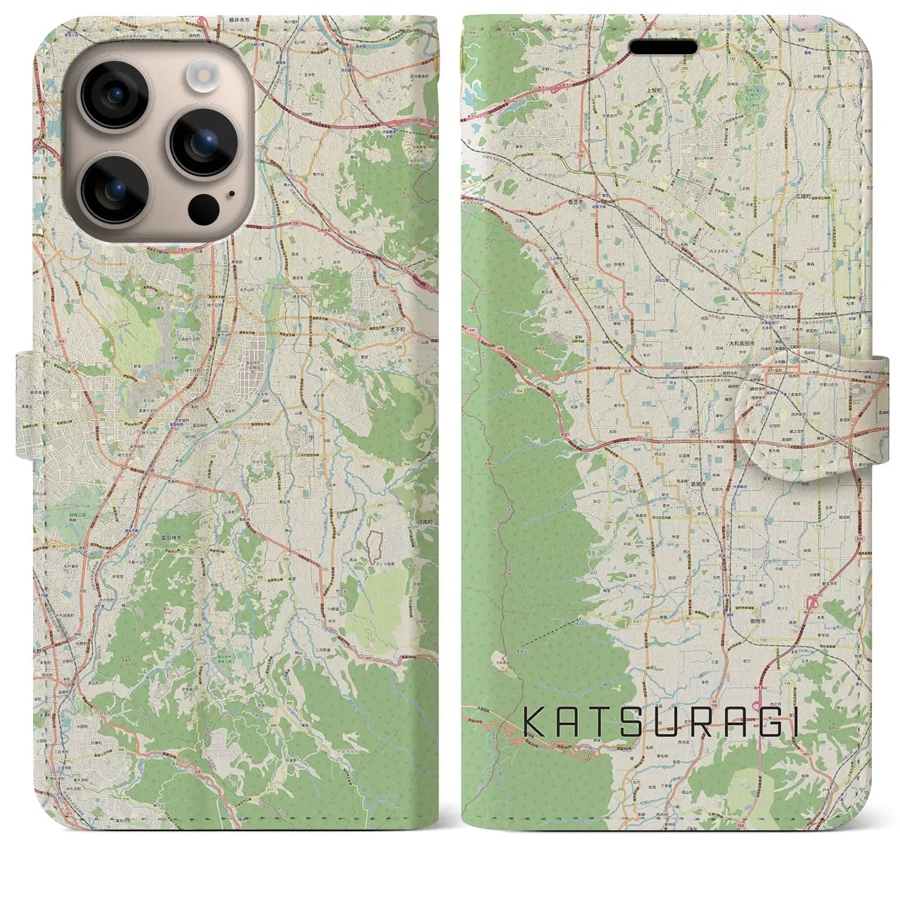 【葛城（奈良県）】地図柄iPhoneケース（手帳タイプ）ナチュラル・iPhone 16 Plus 用