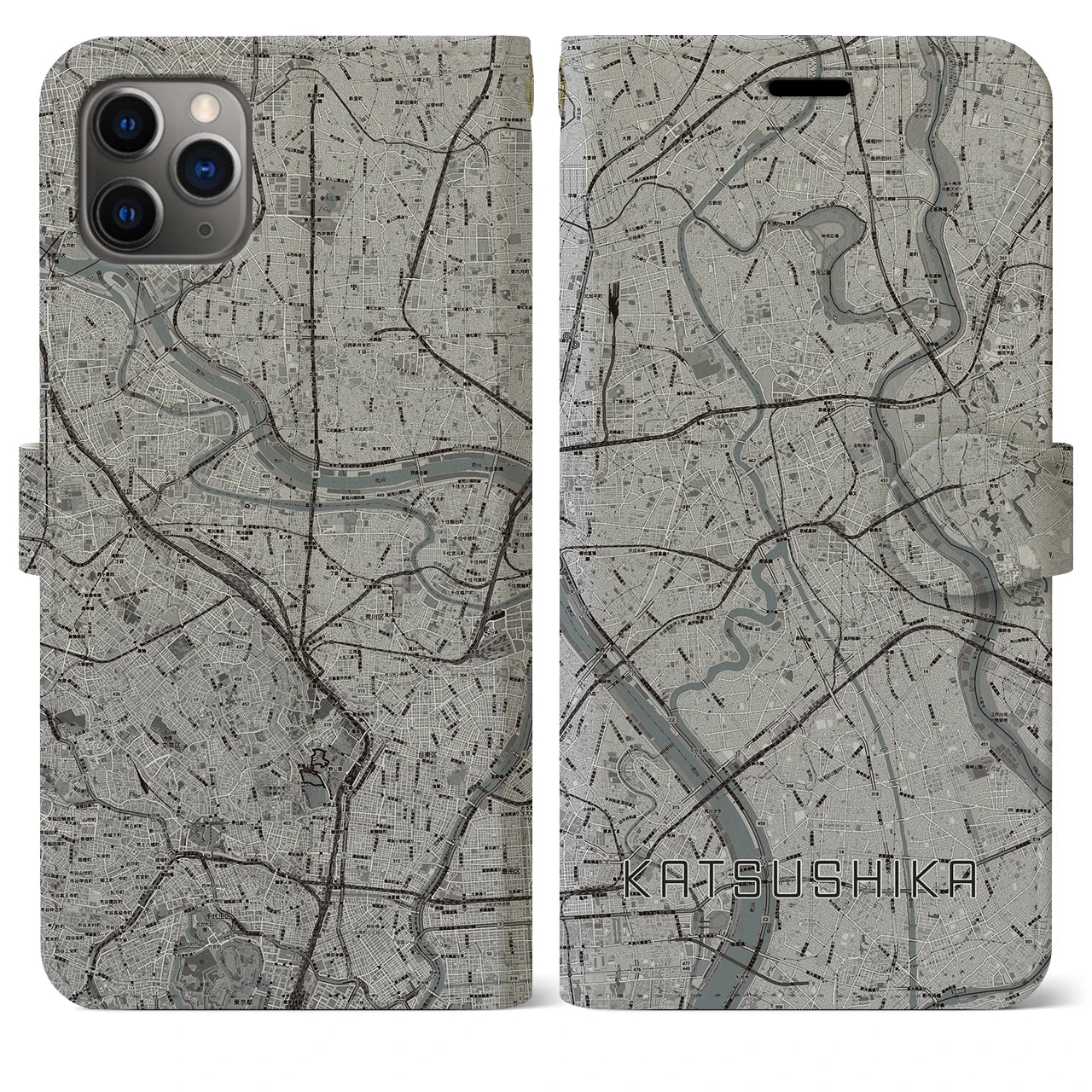【葛飾】地図柄iPhoneケース（手帳両面タイプ・モノトーン）iPhone 11 Pro Max 用