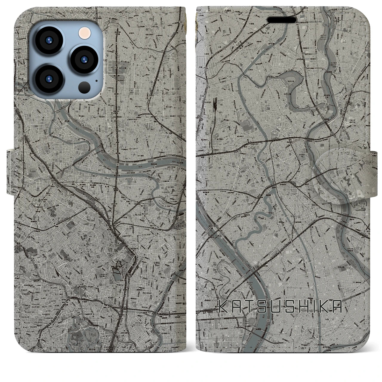 【葛飾】地図柄iPhoneケース（手帳両面タイプ・モノトーン）iPhone 13 Pro Max 用