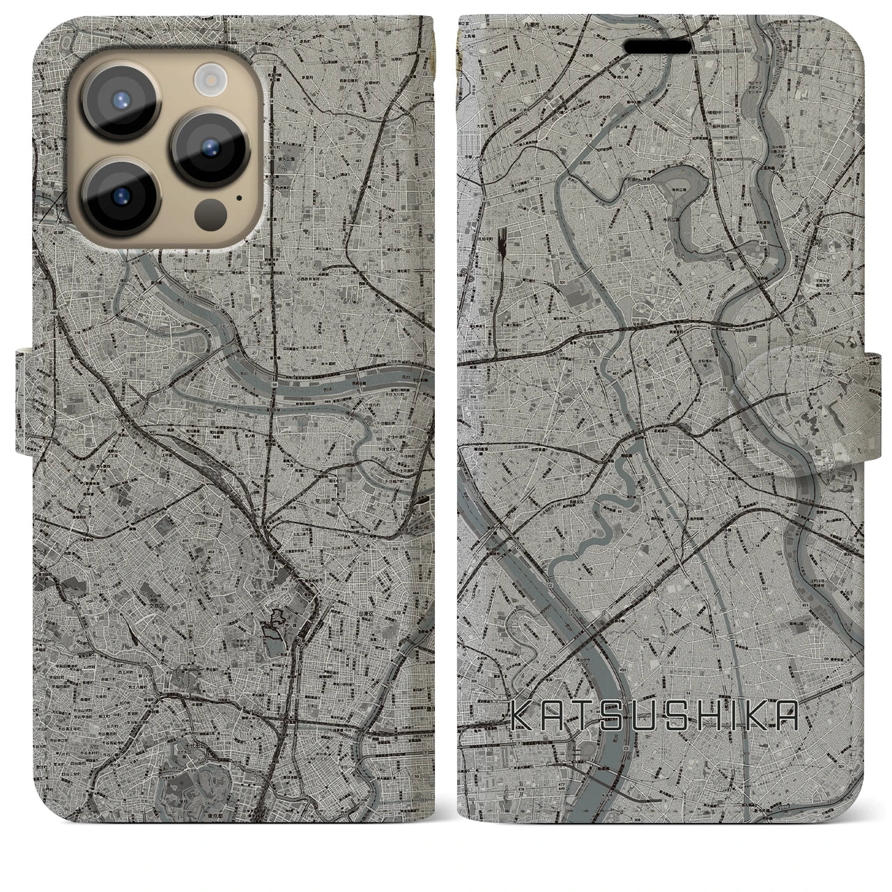 【葛飾】地図柄iPhoneケース（手帳両面タイプ・モノトーン）iPhone 14 Pro Max 用