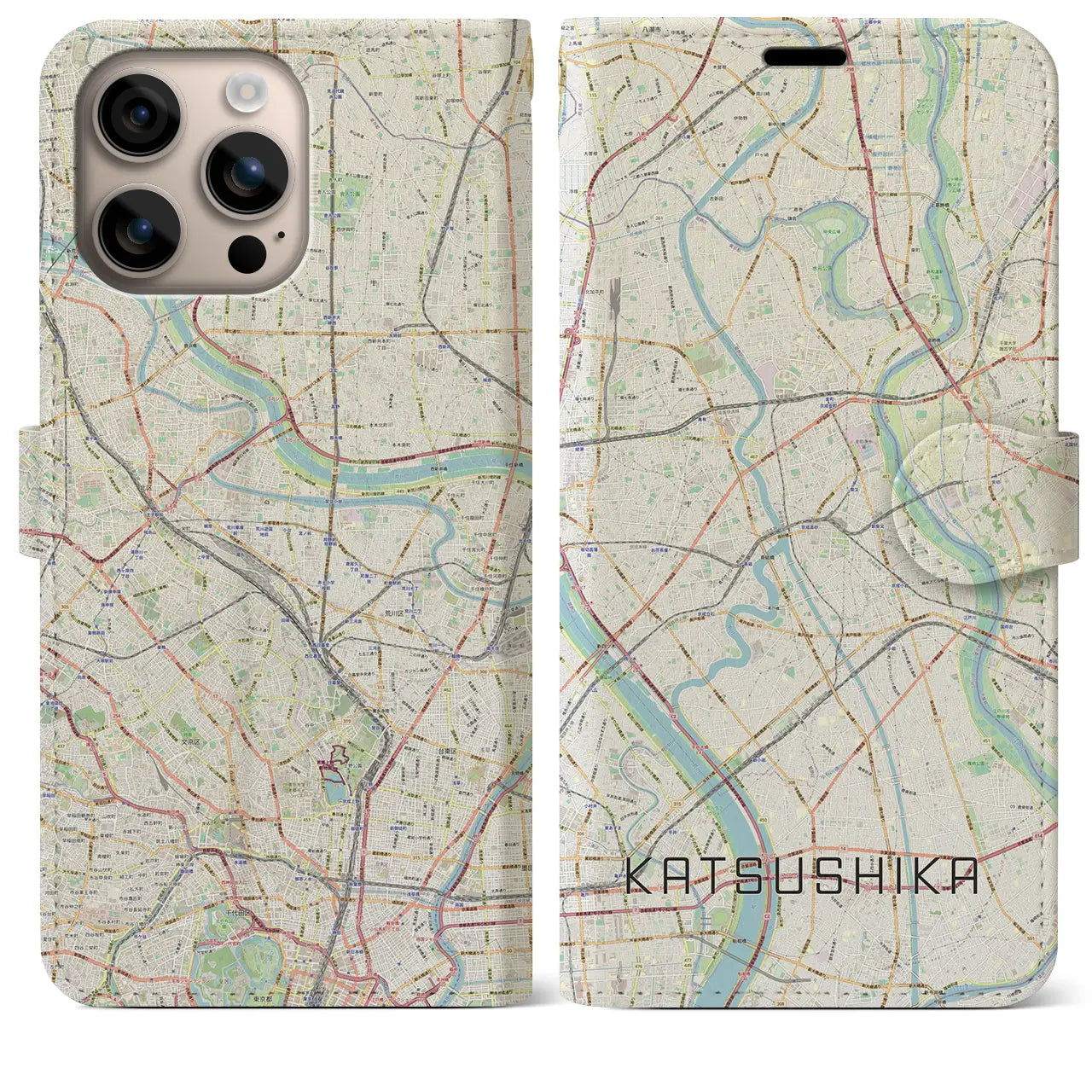 【葛飾（東京都）】地図柄iPhoneケース（手帳タイプ）ナチュラル・iPhone 16 Plus 用