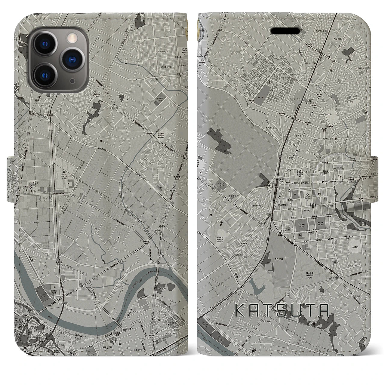 【勝田】地図柄iPhoneケース（手帳両面タイプ・モノトーン）iPhone 11 Pro Max 用