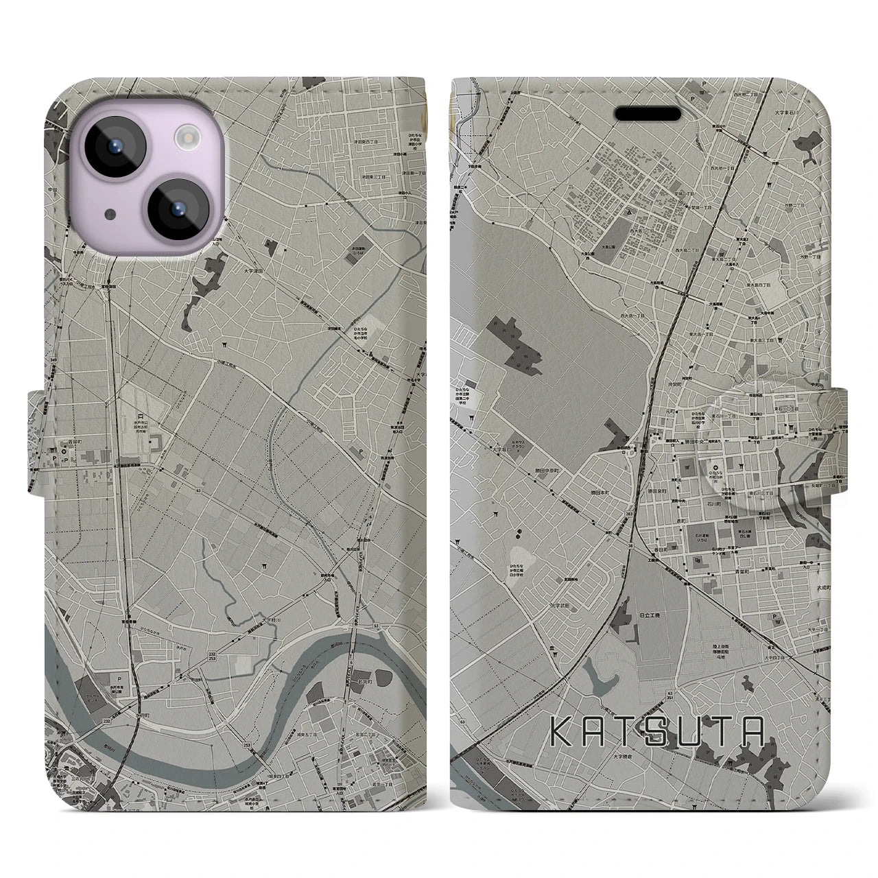 【勝田】地図柄iPhoneケース（手帳両面タイプ・モノトーン）iPhone 14 用