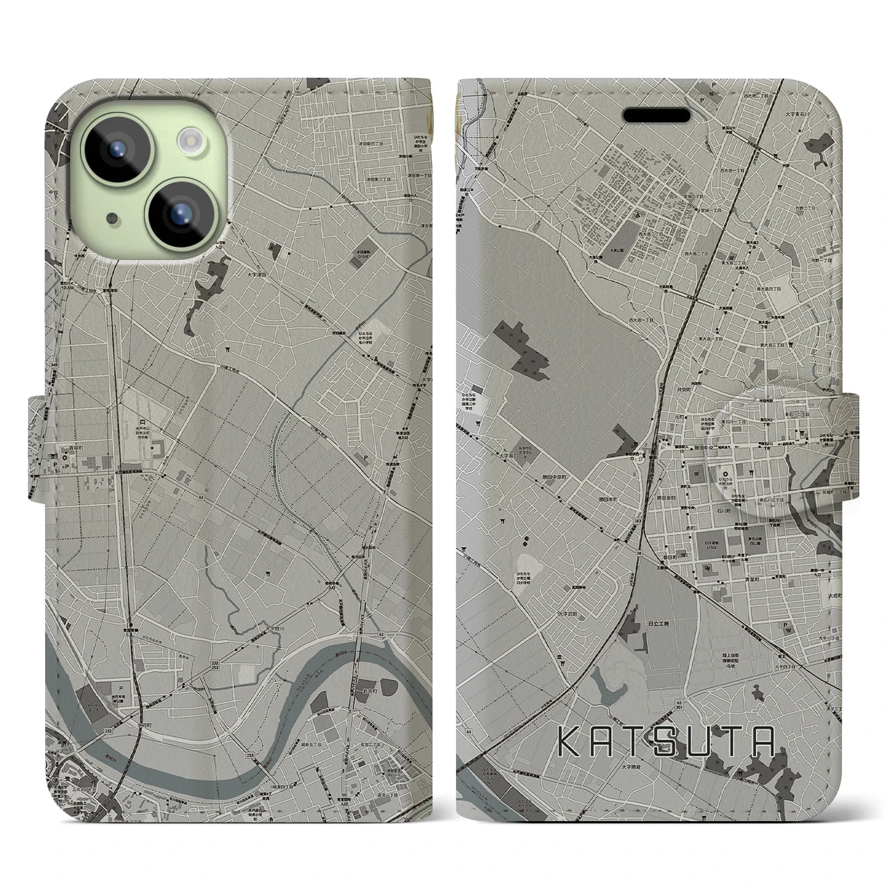 【勝田】地図柄iPhoneケース（手帳両面タイプ・モノトーン）iPhone 15 用