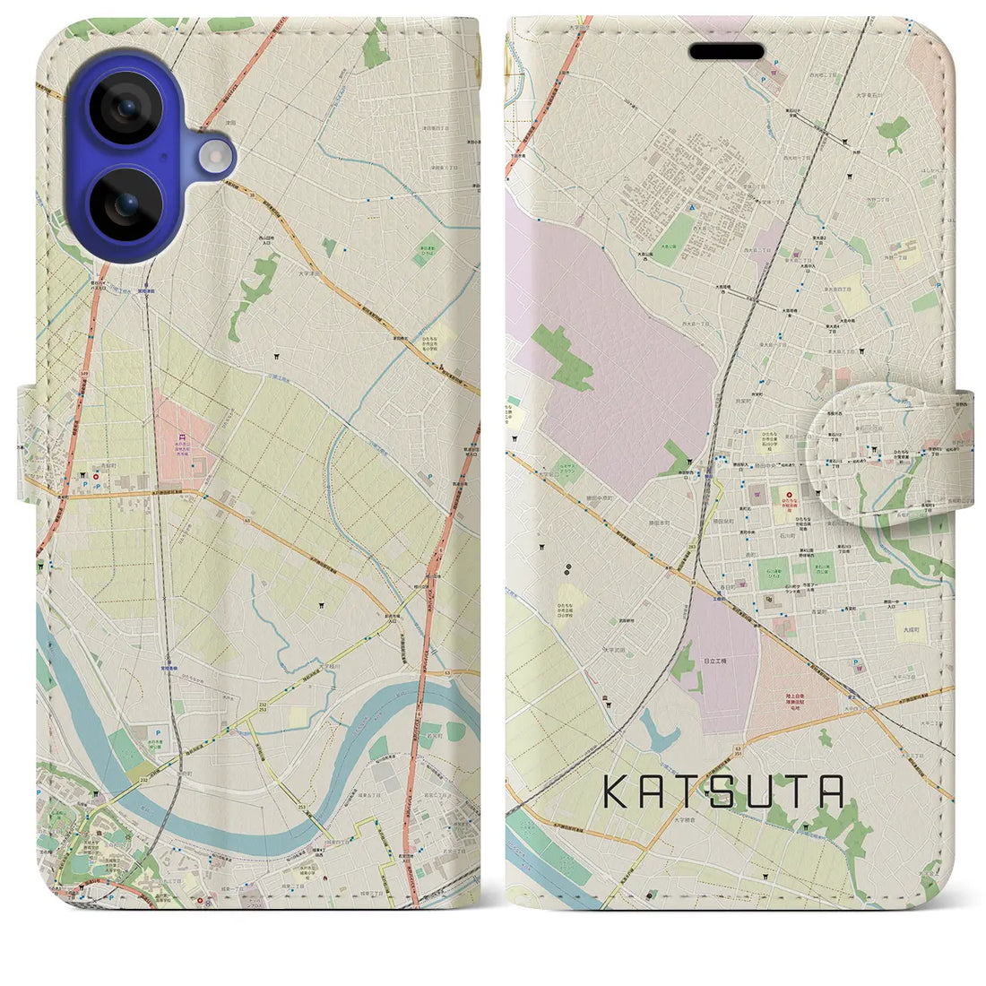 【勝田(茨城県)】地図柄iPhoneケース(手帳タイプ)ナチュラル・iPhone 16 Pro Max 用