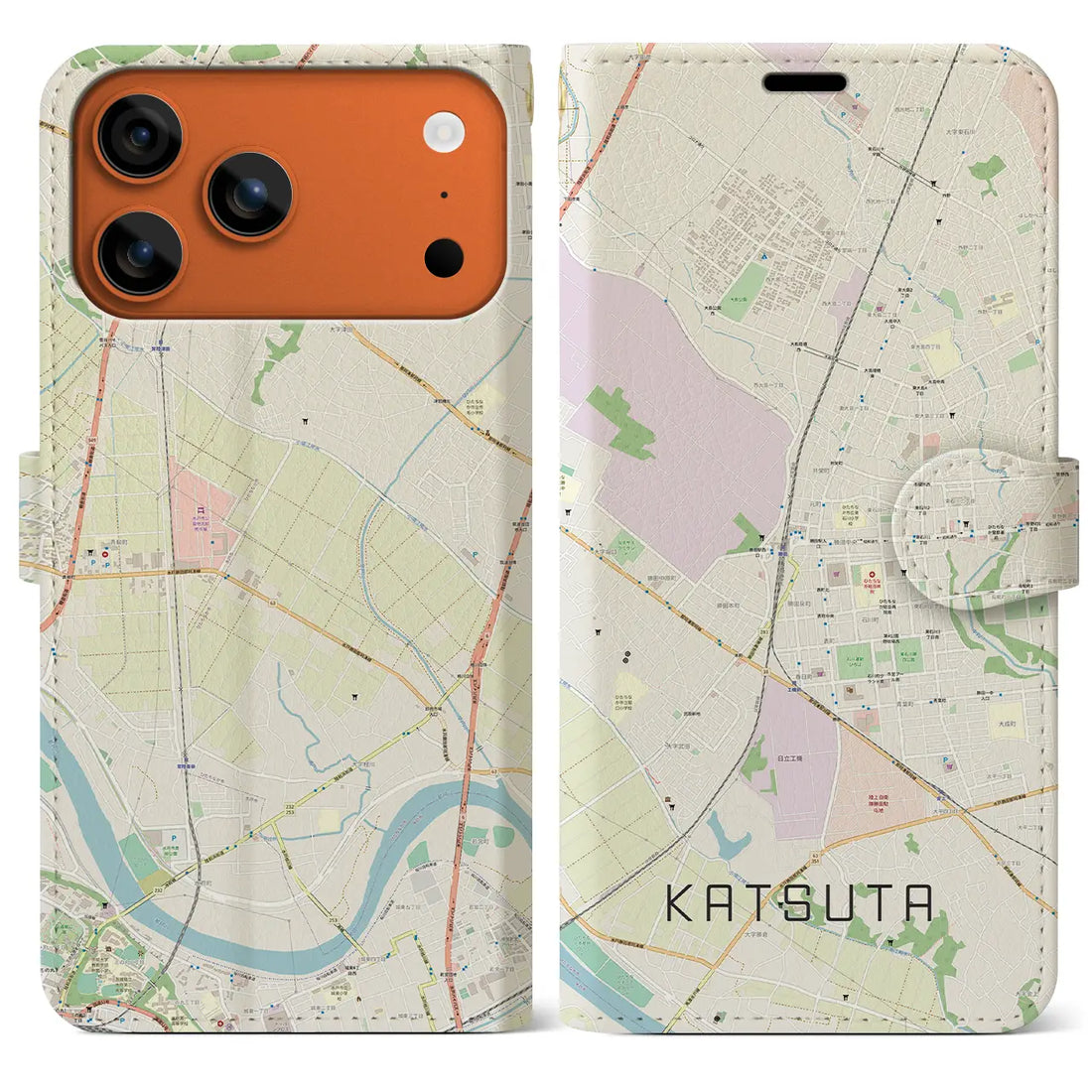 【勝田（茨城県）】地図柄iPhoneケース（手帳タイプ）ナチュラル・iPhone 17 Pro Max 用