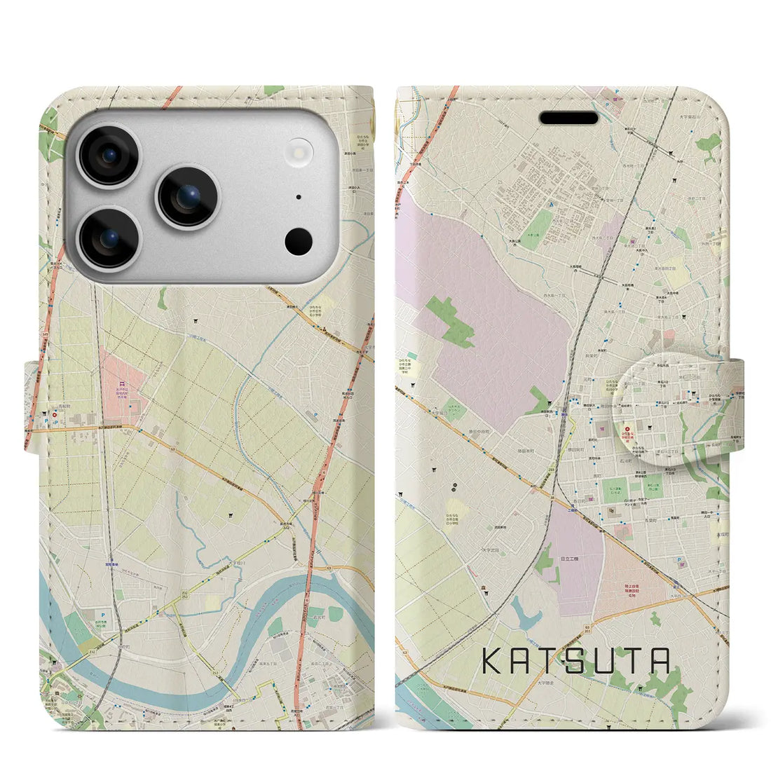 【勝田（茨城県）】地図柄iPhoneケース（手帳タイプ）モノトーン・iPhone 17 Pro Max 用