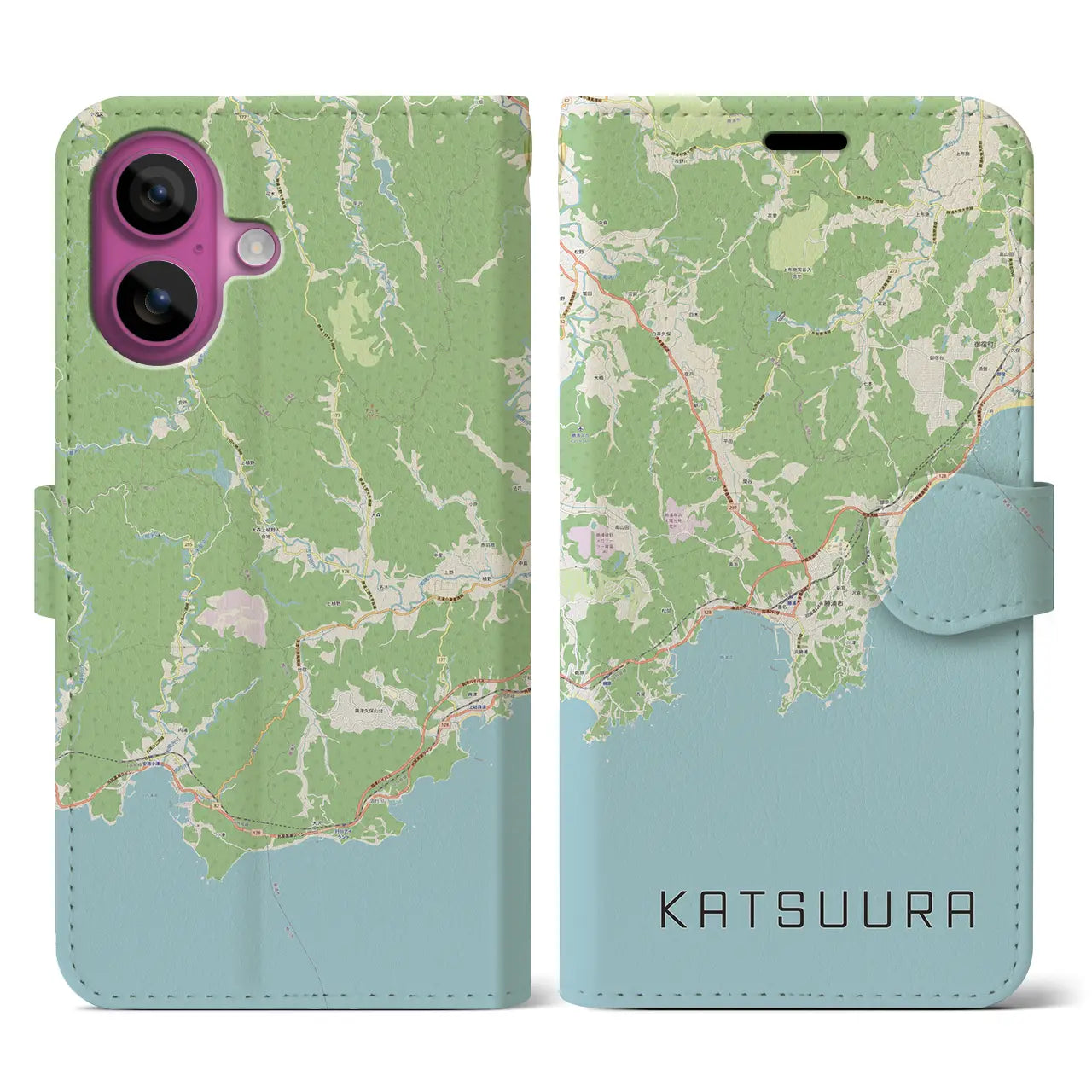 【勝浦（千葉県）】地図柄iPhoneケース（手帳タイプ）ナチュラル・iPhone 16 Pro 用