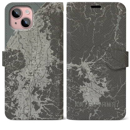 【勝山（福井県）】地図柄iPhoneケース（手帳タイプ）モノトーン・iPhone 15 Plus 用