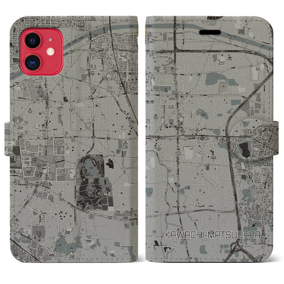 【河内松原（大阪府）】地図柄iPhoneケース（手帳タイプ）モノトーン・iPhone 11 用