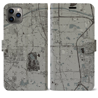 【河内松原（大阪府）】地図柄iPhoneケース（手帳タイプ）モノトーン・iPhone 11 Pro Max 用