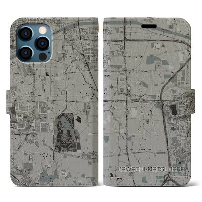 【河内松原（大阪府）】地図柄iPhoneケース（手帳タイプ）モノトーン・iPhone 12 / 12 Pro 用