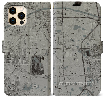 【河内松原（大阪府）】地図柄iPhoneケース（手帳タイプ）モノトーン・iPhone 12 Pro Max 用