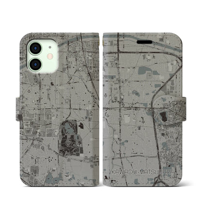【河内松原（大阪府）】地図柄iPhoneケース（手帳タイプ）モノトーン・iPhone 12 mini 用