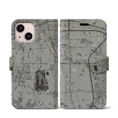 【河内松原（大阪府）】地図柄iPhoneケース（手帳タイプ）モノトーン・iPhone 13 mini 用