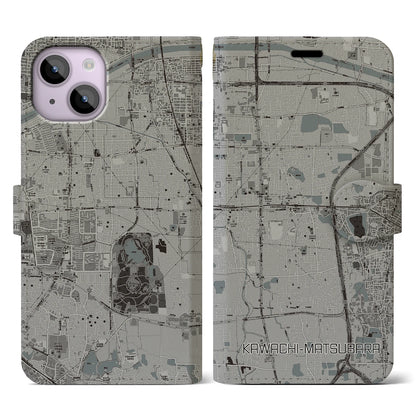 【河内松原（大阪府）】地図柄iPhoneケース（手帳タイプ）モノトーン・iPhone 14 用