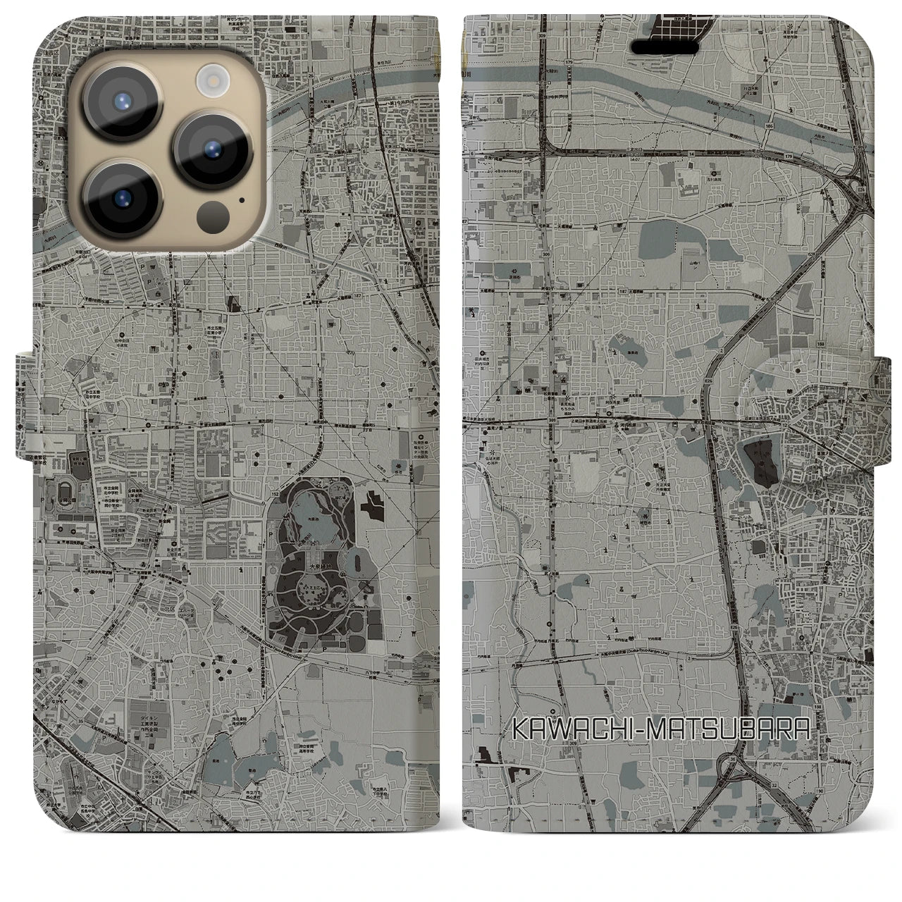 【河内松原】地図柄iPhoneケース（手帳両面タイプ・モノトーン）iPhone 14 Pro Max 用