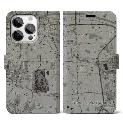 【河内松原（大阪府）】地図柄iPhoneケース（手帳タイプ）モノトーン・iPhone 14 Pro 用