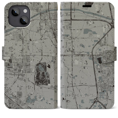 【河内松原（大阪府）】地図柄iPhoneケース（手帳タイプ）モノトーン・iPhone 14 Plus 用