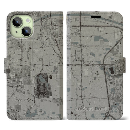 【河内松原（大阪府）】地図柄iPhoneケース（手帳タイプ）モノトーン・iPhone 15 用