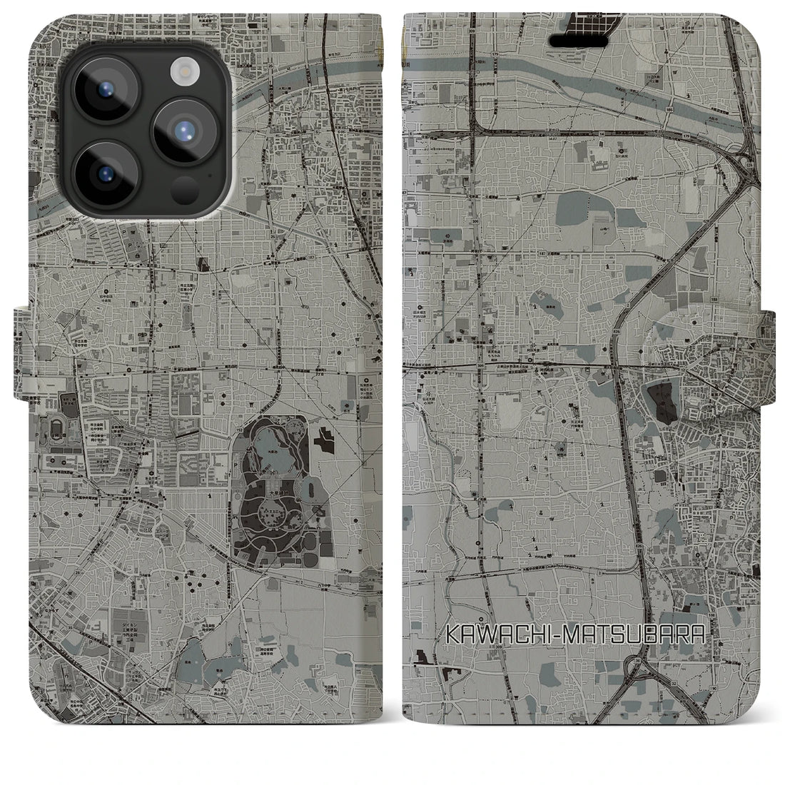 【河内松原】地図柄iPhoneケース（手帳両面タイプ・モノトーン）iPhone 15 Pro Max 用