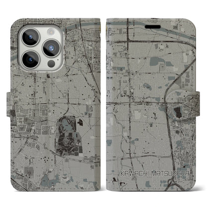 【河内松原（大阪府）】地図柄iPhoneケース（手帳タイプ）モノトーン・iPhone 15 Pro 用