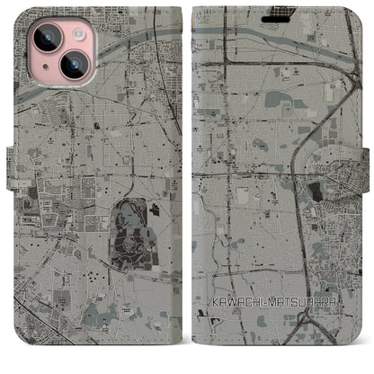 【河内松原（大阪府）】地図柄iPhoneケース（手帳タイプ）モノトーン・iPhone 15 Plus 用