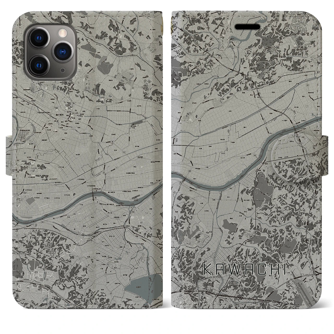 【河内】地図柄iPhoneケース（手帳両面タイプ・モノトーン）iPhone 11 Pro Max 用