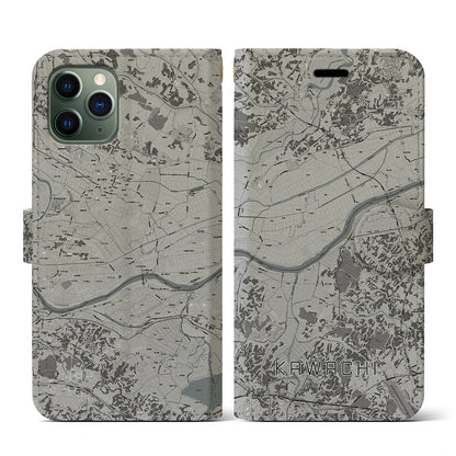 【河内（茨城県）】地図柄iPhoneケース（手帳タイプ）モノトーン・iPhone 11 Pro 用