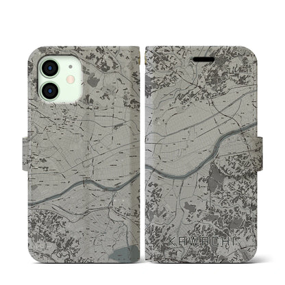 【河内（茨城県）】地図柄iPhoneケース（手帳タイプ）モノトーン・iPhone 12 mini 用