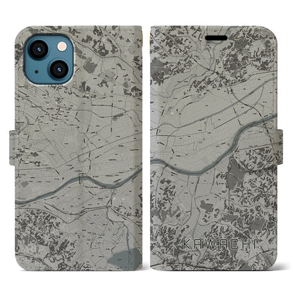 【河内（茨城県）】地図柄iPhoneケース（手帳タイプ）モノトーン・iPhone 13 用