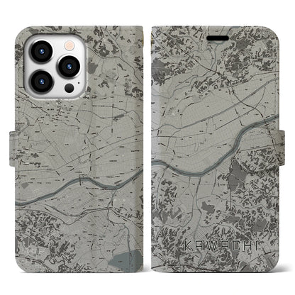 【河内（茨城県）】地図柄iPhoneケース（手帳タイプ）モノトーン・iPhone 13 Pro 用