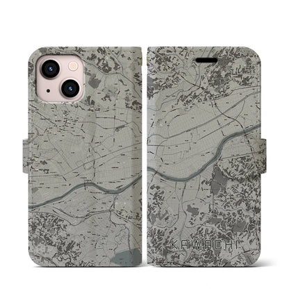 【河内（茨城県）】地図柄iPhoneケース（手帳タイプ）モノトーン・iPhone 13 mini 用