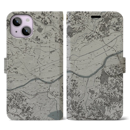 【河内（茨城県）】地図柄iPhoneケース（手帳タイプ）モノトーン・iPhone 14 用