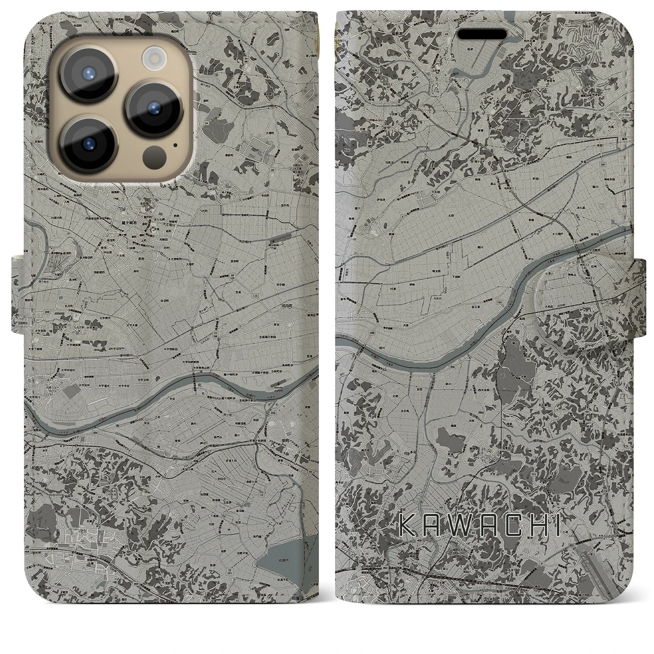 【河内】地図柄iPhoneケース（手帳両面タイプ・モノトーン）iPhone 14 Pro Max 用
