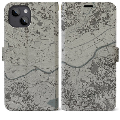 【河内（茨城県）】地図柄iPhoneケース（手帳タイプ）モノトーン・iPhone 14 Plus 用